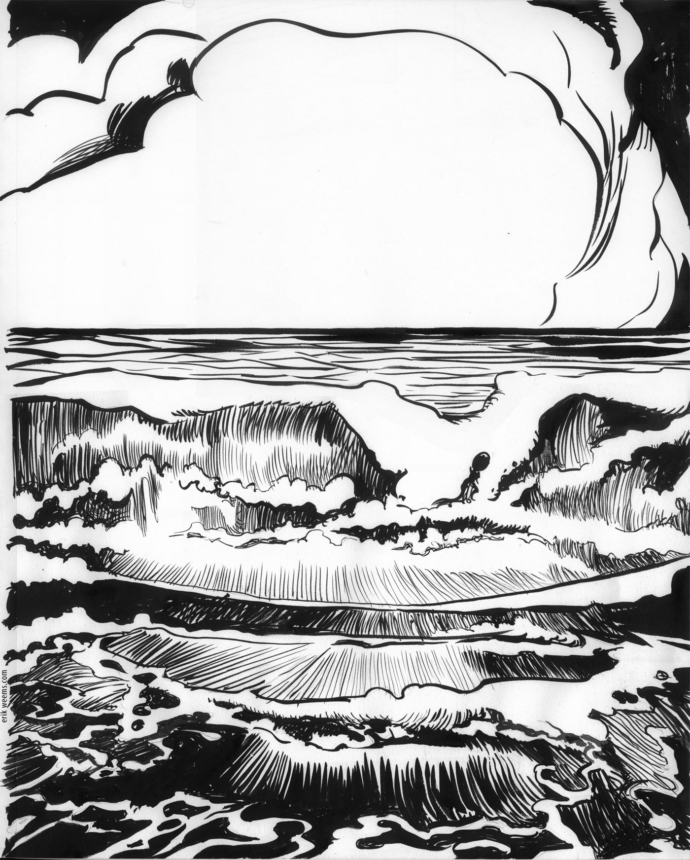 Delaware Seascape Water Ink Drawing