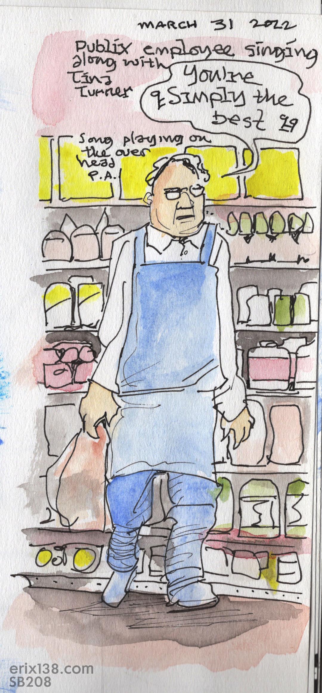 SB208 Grocery store man singing along with Tina Turner